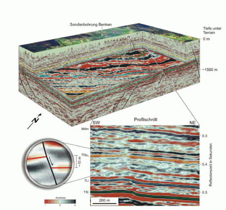 Figur 32-1: 3D-Seismik im Standortgebiet Zürich Nordost: Abbildung einer Störung in einem vergrösserten 2D-Schnitt nordöstlich der Bohrung Benken (Figur 4.4 aus Nagra NTB 00-03).
