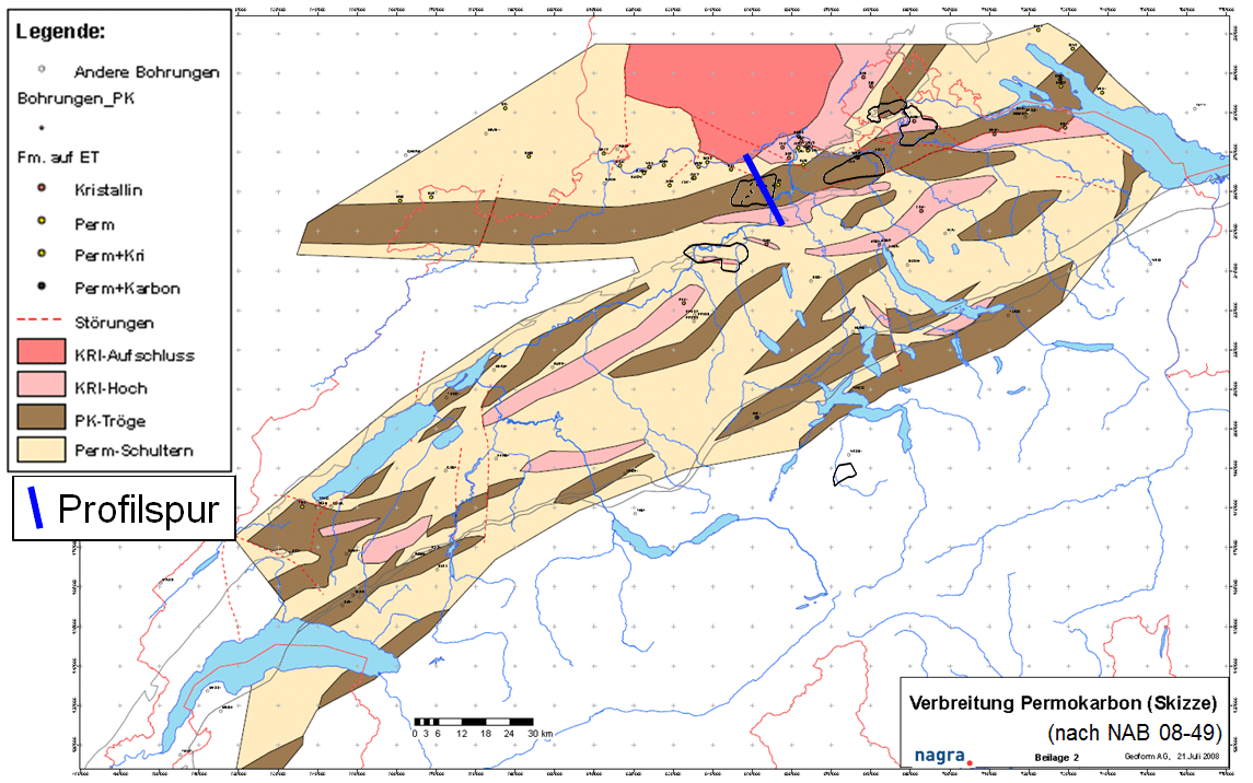Figur 103-1: Lage der Permokarbontröge mit Umrissen der vorgeschlagenen geologischen Standortgebiete. Blau eingezeichnet ist die Profilspur in Figure 103-2.