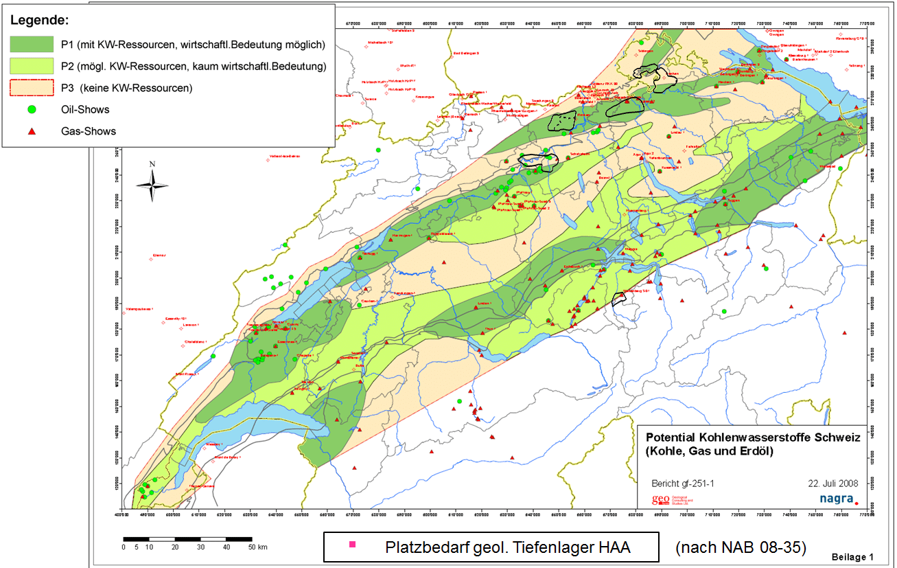 Figur 103-4: Kohlenwasserstoff-Potenzial mit Umrissen der vorgeschlagenen geologischen Standortgebiete. Der Platzbedarf für ein geologisches Tiefenlager HAA (rotes Viereck) ist im Vergleich zur regionalen Verbreitung potentieller Kohlenwasserstoff-Vorkommen klein.