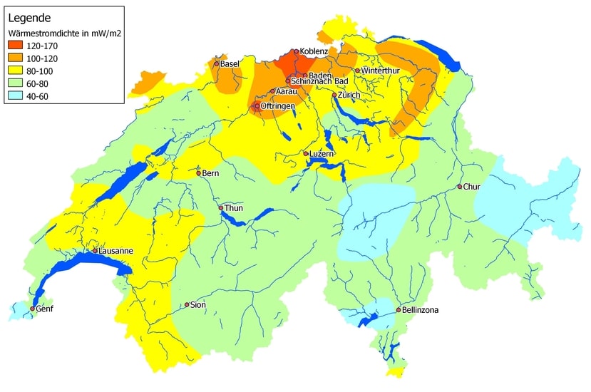 Figur 103-5: Räumliche Verteilung des geothermischen Wärmeflusses in der Schweiz (nach www.vgka.ch) 