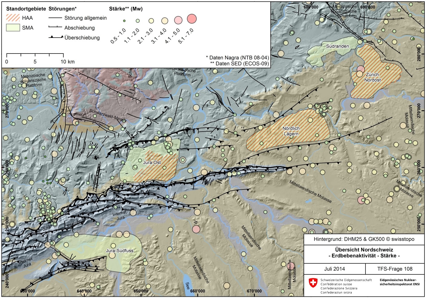 Figur 108-3: Erdbebenaktivität in der Nordschweiz im Zeitraum zwischen 250 n. Chr. und 2008. Dargestellt ist die Erdbebenstärke gemäss Erdbebenkatalog des Schweizer Erdbebendiensts (ECOS-09; SED 2011). Die Beben in den geologischen Standortgebieten der Nordschweiz zeigen maximale Magnituden von 4. Zu beachten gilt, dass die Lokalisierung und Magnitudenbestimmung der nicht instrumentell erfassten Beben (d. h. vor 1975) mit grösseren Unsicherheiten behaftet ist.