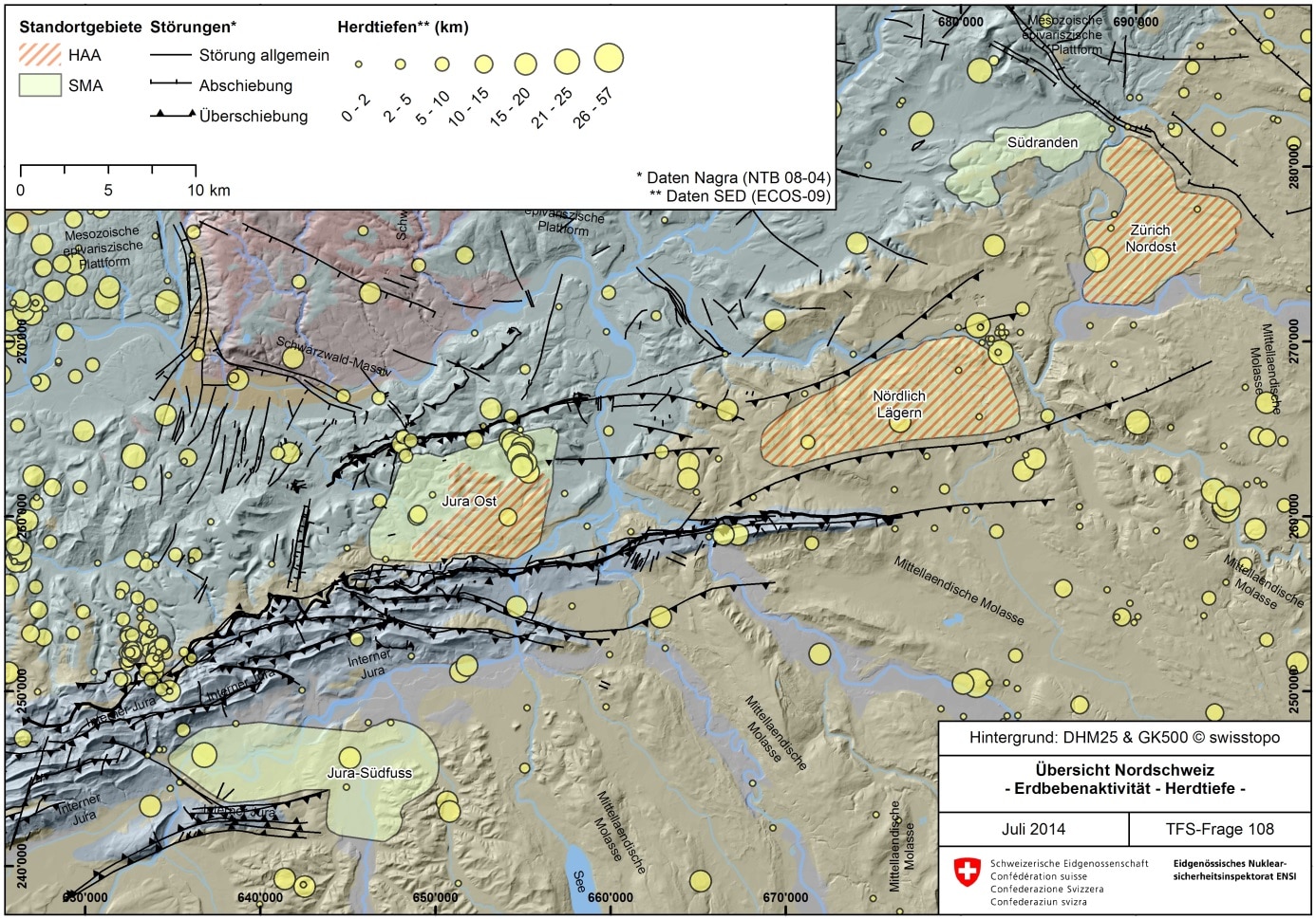 Figur 108-4: Erdbebenaktivität in der Nordschweiz im Zeitraum zwischen 250 n. Chr. und 2008. Dargestellt sind die rekonstruierten Herdtiefen gemäss Erdbebenkatalog des Schweizer Erdbebendiensts (ECOS-09; SED 2011). Die Erdbebenherde von Erdbeben in den geologischen Standortgebieten der Nordschweiz liegen – mit wenigen Ausnahmen – in Tiefen > 10 km. Zu beachten gilt, dass die Lokalisierung und Herdtiefenbestimmung der nicht instrumentell erfassten Beben (d. h. vor 1975) mit grösseren Unsicherheiten behaftet ist.