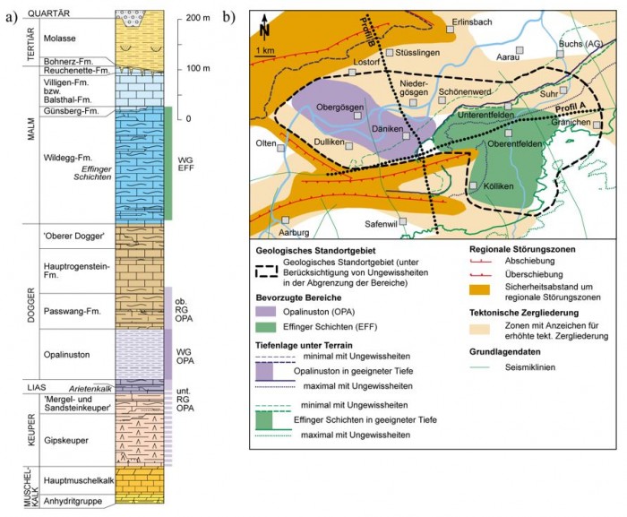 Figur 104-1:Geologisches Standortgebiet Jura-Südfuss und bevorzugte Bereiche Opa¬li-nus¬¬ton und Effinger Schichten für das SMA-Lager gemäss Vorschlag Etappe 1 SGT (Nagra 2008, NTB 08-03, Fig. 5.7-6)