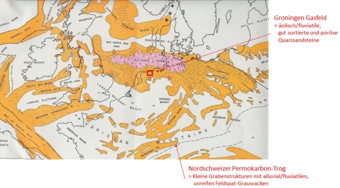 Figur 125-1: Paleogeographie Perm: grossräumige Wüstensedimente im Southern Permian Basin vs. kleinräumig fluviatil/lakustrine Sedimentation im Nordschweizer Permokarbontrog (s. östliche Fortsetzung des "Burgundy Trough"), der innerhalb des herzynischen Gebirges liegt. (Ziegler 1990)