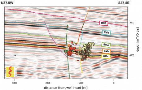 Figur 124-2: Vertikaler Profilschnitt durch die in Fig. 1 gezeigte gestörte Zone. Die induzierte Seismizität ist an das Umfeld Störungssystem gebunden. Aus Diehl et al. (2014), mit freundlicher Genehmigung der St. Galler Stadtwerke.