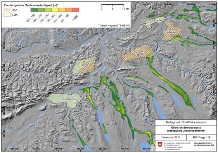 Figur 119-5: Visualisierung der Verteilung von Lockergesteinsvorkommen ab einer Mächtigkeit von 100 m in der Nordostschweiz. Diese Vorkommen sind das Resultat der natürlichen Wie-derauffüllung ehemaliger Erosionsbecken. Ihre maximale Mächtigkeit beträgt knapp 400 m (Datengrundlage NTB 08-04)