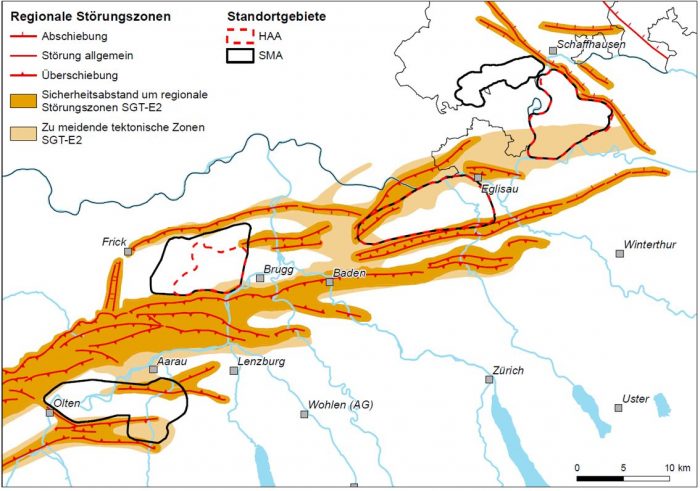 Figur 144-3: Karte der regionalen tektonischen Elemente (regionale Störungszonen und zu meidende tektonische Zonen) in der Nordschweiz (Figur 4.4-1 in NTB 14-02, Dossier II).