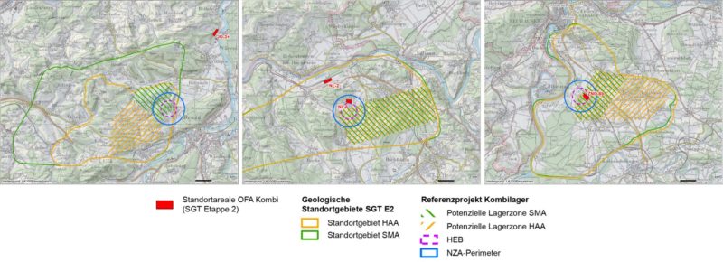 Figur 157-1: Räumliche Anordnung der OFA-Areale an der Oberfläche und der HEB im Untergrund in den drei Standorten Jura Ost (l.), Nördlich Lägern (m.) und Zürich Nord-Ost (r.). Quelle: Nagra 2019c