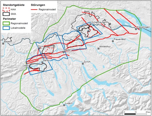 Figur 158-2: Hydrogeologisches Regionalmodell der Nordschweiz: Modellgrenze (grün) und darin enthaltene regionale Störungen (rot). Quelle: Nagra (2014c)