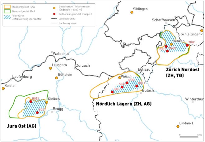Figur 158-3: Lokation der in Etappe 3 SGT durchgeführten und der bereits davor bestehenden Tiefbohrungen in der Nordostschweiz. Quelle: Nagra