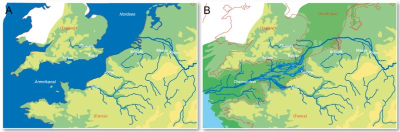 Figur 160-8: Kartenausschnitt von NW-Europa mit den grössten, in Nordsee und Ärmelkanal einmündenden Flüssen (A) und während des letzten glazialen Maximums (LGM) vor ca. 20 ka (B, vereinfacht nach Gibbard 2007). Während der Meeresspiegelabsenkung waren Flüsse, die normalerweise in die Nordsee entwässern, wie der Rhein oder auch die Themse, mit einem Ärmelkanalsystem verbunden, das zusammen in den Atlantik mündete. Der Gewinn an zusätzlicher Flusslänge beträgt dadurch > 500 km, was einem Erosionssignal durch Absenkung entgegenwirkt.